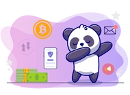 Panda stands next to an email icon, pile of paper cash and a bitcoin symbol