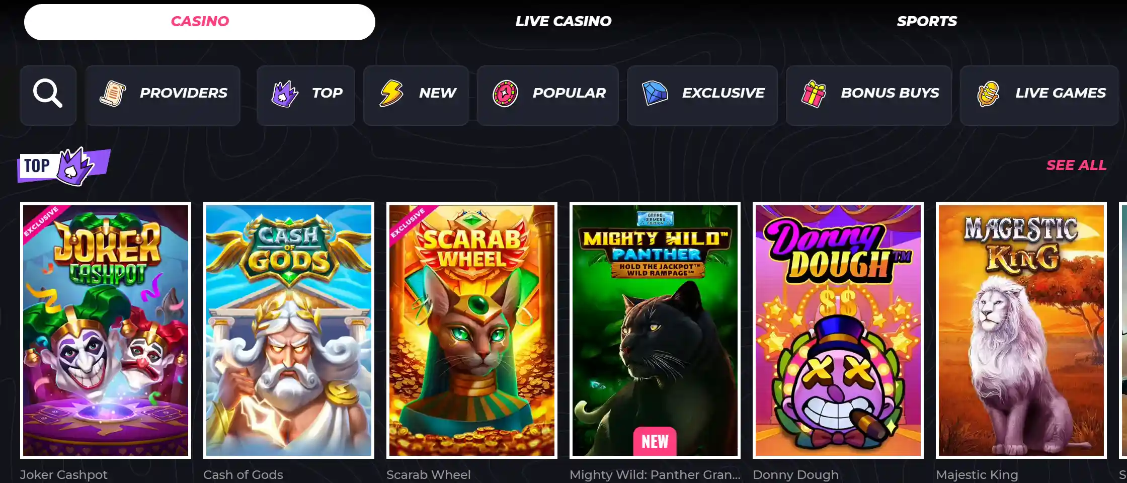 LunuBet game selection page