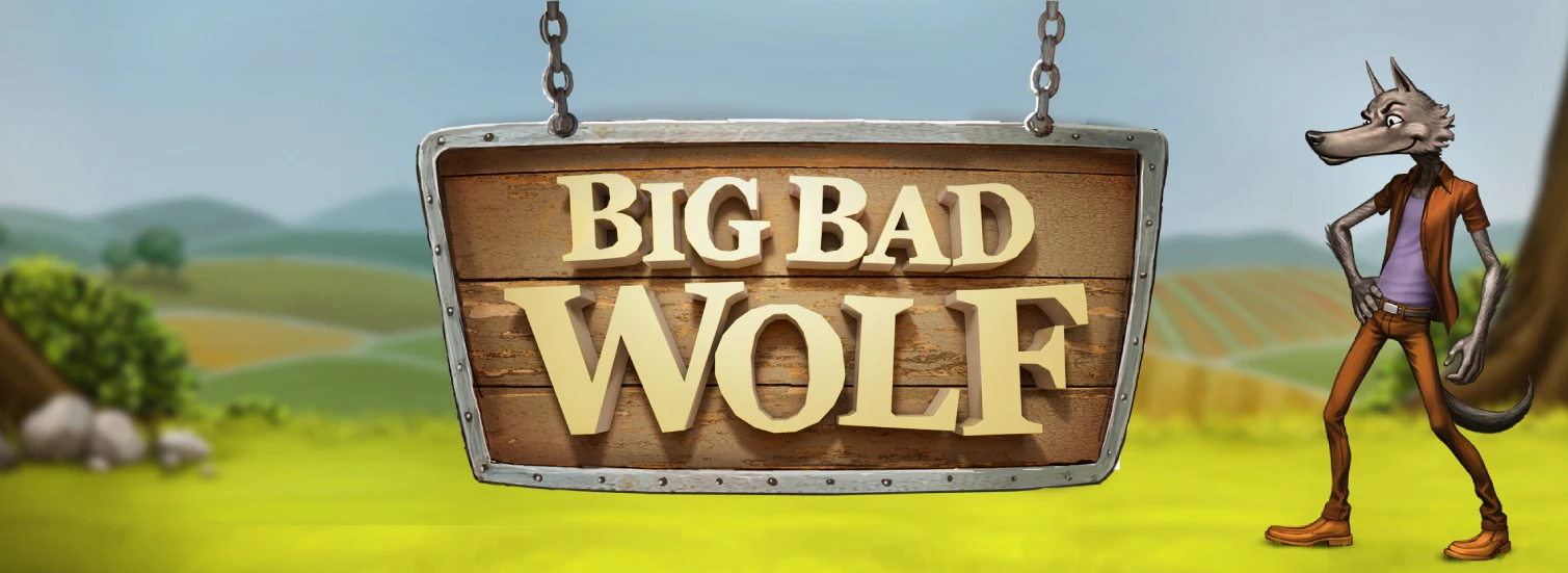 A cartoon wolf standing in front of a wooden sign that reads "BIG BAD WOLF." The scene is set in a rural landscape with rolling hills and a blue sky.