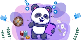 Panda with a clipboard holding casino chips, surrounded by playing cards, a roulette wheel, and thumbs up emojis.