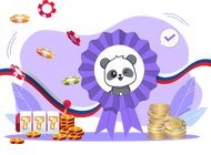 Panda with a big ribbon, surrounded by casino chips, coins, and slot machine symbols.