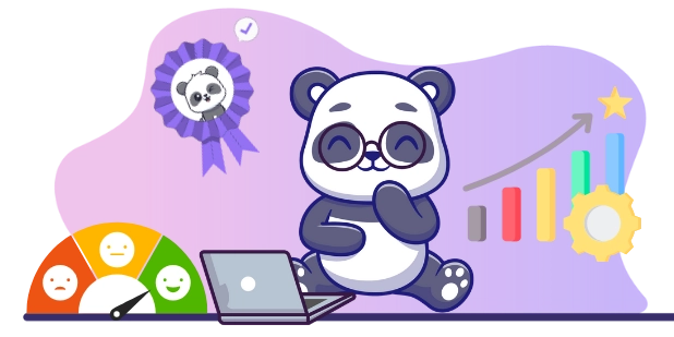 Playful panda cartoon celebrating success, with a laptop, a medal, and a progress bar.