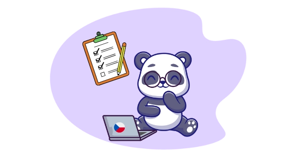 Cute panda cartoon character wearing glasses, working on a laptop with a Czech flag, holding a checklist and a pencil, suggesting a focus on planning and organization.