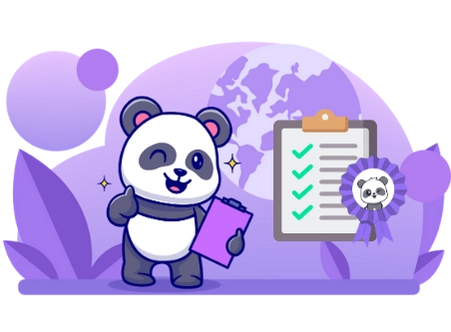 Happy panda cartoon character enjoying global success, with a thumbs up, clipboard, and a globe.