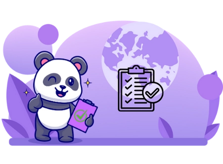 Cute panda cartoon character holding a checklist with a checkmark, standing in front of a globe, suggesting completion and global reach.