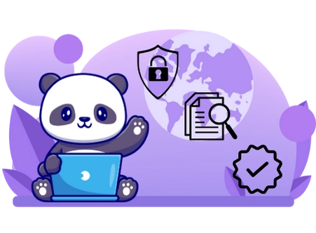 Cute panda cartoon character using a laptop, with a security shield, a globe, and documents with a magnifying glass, suggesting a focus on online security and privacy.