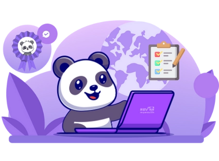 Playful panda cartoon using a laptop and surrounded by work-related icons, indicating online productivity.