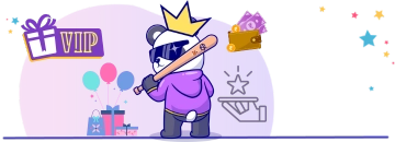 Panda with a crown and sunglasses, holding a baseball bat and standing next to a wallet and gifts.