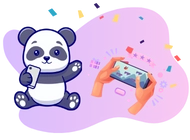 A cute panda is sitting on a purple background, holding a smartphone. On the right side, a pair of hands is holding a smartphone with a casino game displayed on the screen.