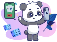 A cute panda holding a smartphone and waving, with a smartphone showing playing cards and dice in the background.