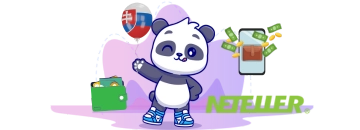 Panda waving, with a Slovak flag balloon, a wallet, and a smartphone with money symbols, alongside the Neteller logo.