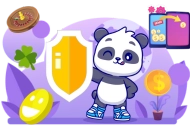 Panda wearing sneakers, holding a shield. Surrounding elements include a four-leaf clover, a coin, a shield, a smiley face, and a dollar sign.