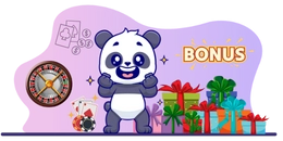 Panda with a "BONUS" sign above its head, standing in front of gifts and casino elements like playing cards and a roulette wheel, suggesting a generous offer or promotion.