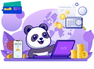 Panda with a laptop surrounded by financial icons, including a smartphone with charts, a calendar, coins, and documents. The background shows a world map.