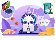 Panda wearing headphones and using a computer. Gambling-related elements such as dice, playing cards, poker chips, and coins are displayed around the panda against a globe background.