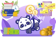 Panda with a money bag surrounded by financial and analytical icons such as graphs, charts, a credit card, money stacks, and coins.