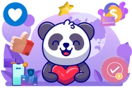 Panda holding a heart with various icons around it, including thumbs up, a heart, a check mark, and financial symbols like dollar signs and credit cards in the background.