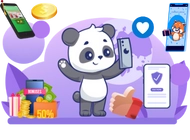 Panda holding a smartphone with various elements around it, including a mobile wallet app, thumbs up icon, a heart, a coin, gift box, and discount tag. Background elements include a smartphone