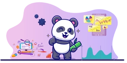 Panda holding a bamboo stick, standing in front of various charts and graphs, symbolizing data analysis and insights.