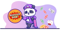 Panda holding a skateboard and a "Register Now" sign, with playing cards and dice scattered around, suggesting a fun and engaging gaming experience.