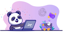 Panda using a laptop with a shopping cart and credit card icons in the background, suggesting online shopping and e-commerce.