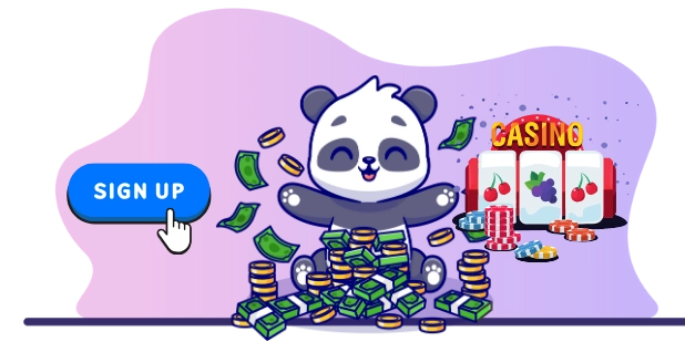 Cute panda cartoon character sitting on a pile of money, with casino chips, a slot machine, and a "Sign Up" button, suggesting a call to action for online casino signup.