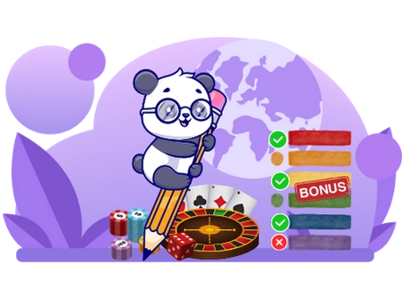 Cute panda cartoon character wearing glasses, riding a pencil with a globe in the background, surrounded by casino symbols and a checklist with a 