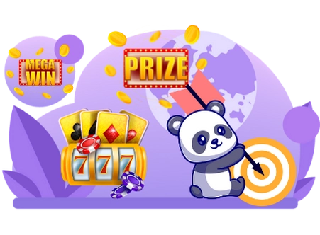 Happy panda cartoon character celebrating a casino win, aiming at a target with a flag and a slot machine.