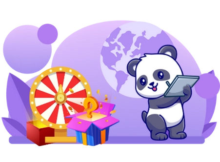 Playful panda cartoon exploring online games, with a tablet, a spinning wheel, and a gift box.