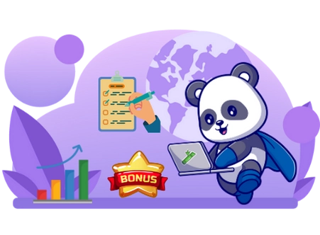 Cute panda cartoon character working on a laptop, with a checklist, a world map, and a bonus star, suggesting successful online work with rewards.