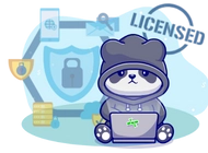 Panda wearing a hoodie and using a laptop, surrounded by security symbols and a licensed stamp.