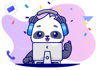 A cute panda wearing headphones is sitting at a laptop, giving a thumbs-up. There are envelopes, a phone, and a paper airplane in the background.