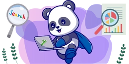 A superhero panda wearing a blue cape, holding a laptop with a bamboo symbol. In the background, there's a magnifying glass with a search bar and a pie chart.