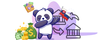 Panda doing the dab, with a Slovak flag, money bags, and bank icons.