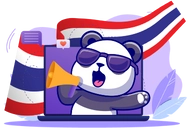 A panda wearing sunglasses and holding a megaphone, popping out of a laptop screen. The Thai flag is visible in the background.