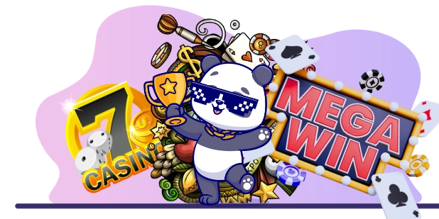 Happy panda cartoon character enjoying a casino victory, with a trophy, a "MEGA WIN" sign, and casino symbols.