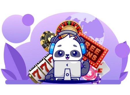 Happy panda cartoon character celebrating a casino bonus, with headphones, a computer, and a 