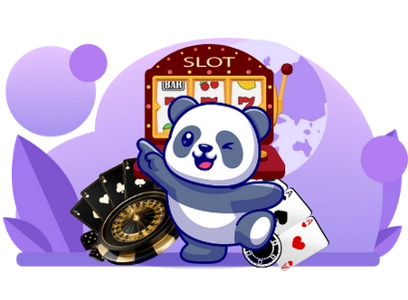 Cute panda cartoon character pointing at a slot machine, surrounded by playing cards and a roulette wheel, suggesting a focus on casino games.