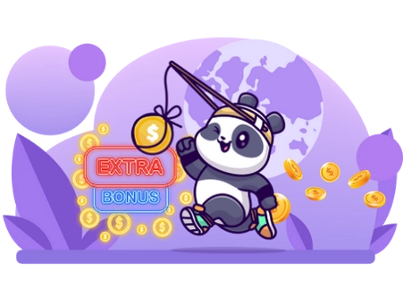 Happy panda cartoon character enjoying a bonus win, fishing for a coin with a world map and bonus signs.