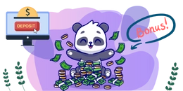 A cute panda is sitting on a pile of money and coins, with more money falling from the sky. There's a computer screen with a "DEPOSIT" button and the word "BONUS!" in a speech bubble.