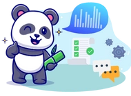 Panda holding a bamboo stick, with a checklist and a speech bubble with a graph in the background.