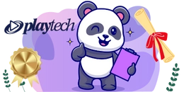 A cute panda is winking and giving a thumbs-up, holding a clipboard and standing next to a diploma. There's a Playtech logo is in the top left corner.