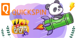 A cute panda riding a rocket with a slot machine and playing cards in the background. The text "QUICKSPIN" is displayed prominently.