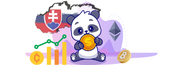 Panda holding a coin, with a map of Slovakia and cryptocurrency symbols in the background.