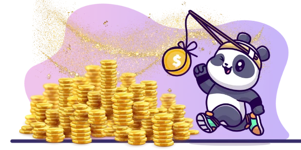 Happy panda cartoon character enjoying financial prosperity, with a hook, gold coins, and a festive background.