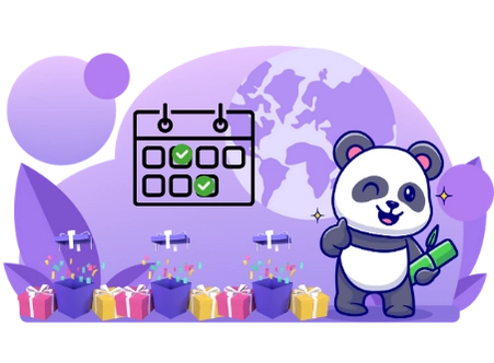 Playful panda cartoon celebrating a special occasion, with a calendar, a globe, and gift boxes.