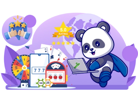 Cute panda cartoon character using a laptop, with a 5-star rating, slot machines, and cards, suggesting a positive online casino experience.