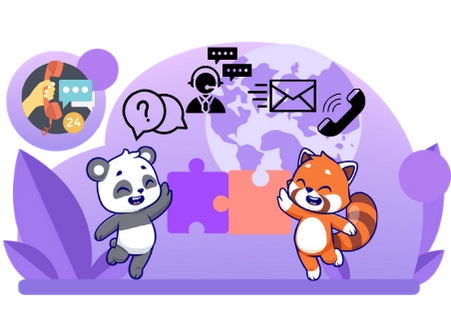 Two cute animal characters, a panda and a red panda, holding puzzle pieces, with various customer support icons in the background, suggesting teamwork and customer service.