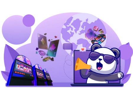 Cute panda cartoon character with sunglasses, announcing casino games on a laptop, with slot machines and playing cards in the background.