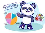 Panda pointing at a pie chart, with a checklist and a 